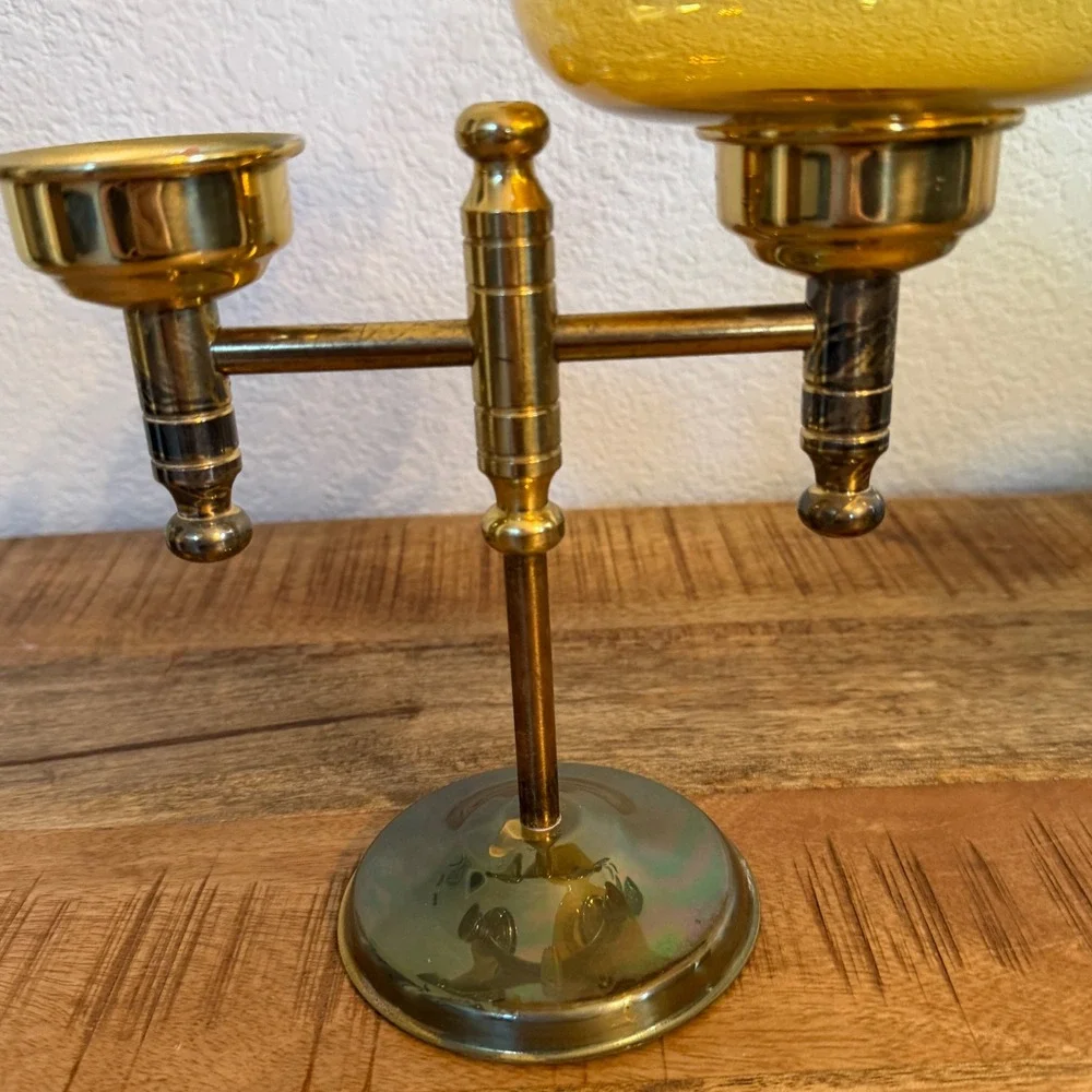 Vintage Brass Double Arm Candelabra Amber Glass Hurricane Tea Light Holder MCM